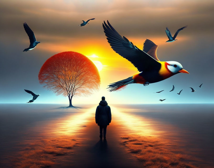 Person standing by ocean with orange tree, birds, and colorful bird at sunset