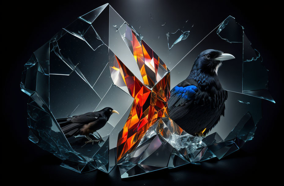 Ravens near shattered glass structure with orange and red crystals