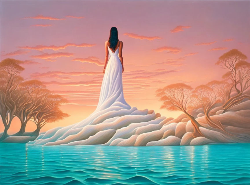 Woman in white dress on shore with colorful landscape and pink sky