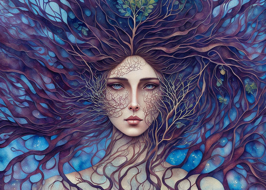 Illustration: Woman with intricate tree-like hair in purple and blue, blending with celestial and foliage elements