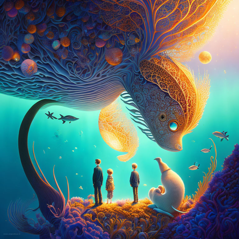 Children observing ethereal fish in vibrant underwater scene