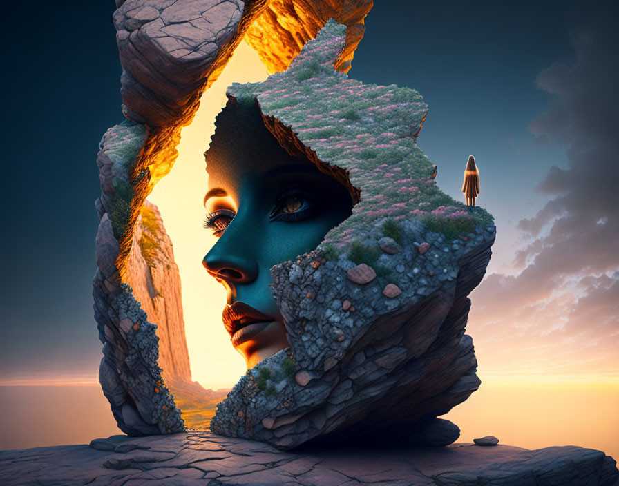 Surreal landscape featuring female face in rock formations, moss, sunset backdrop, and ascending rocket