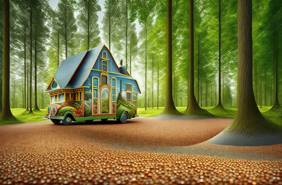 Ornate designed house on wheels in forest setting