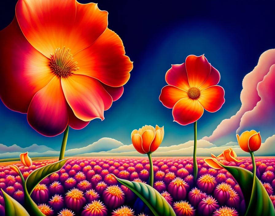 Colorful digital artwork of surreal landscape with oversized flowers under blue sky