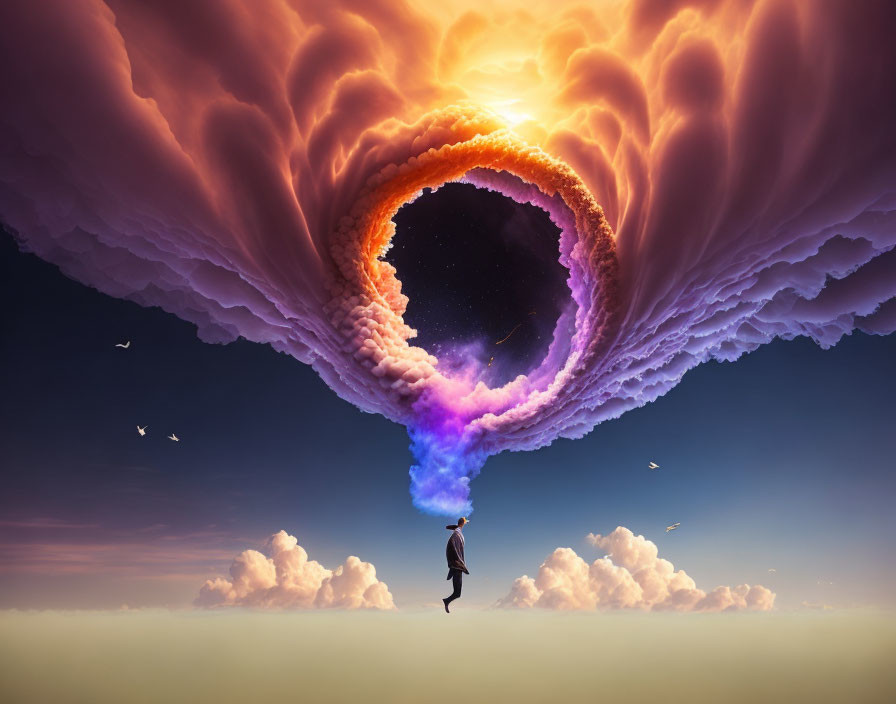 Person walking towards colossal, spiraling cloud formation at sunset with glowing center and flying birds.