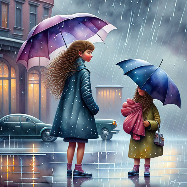 Two girls with umbrellas on rainy city street.