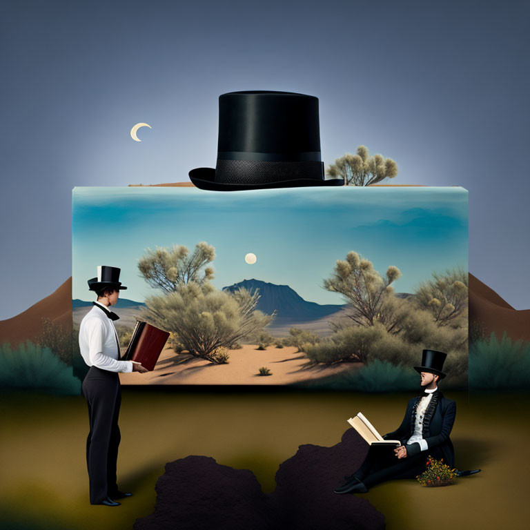 Two gentlemen in top hats with surreal desert landscape painting