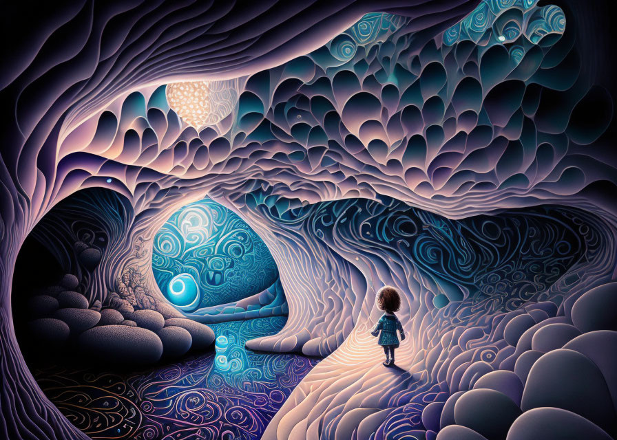 Child observing surreal swirling tunnel with patterned walls and luminescent orbs