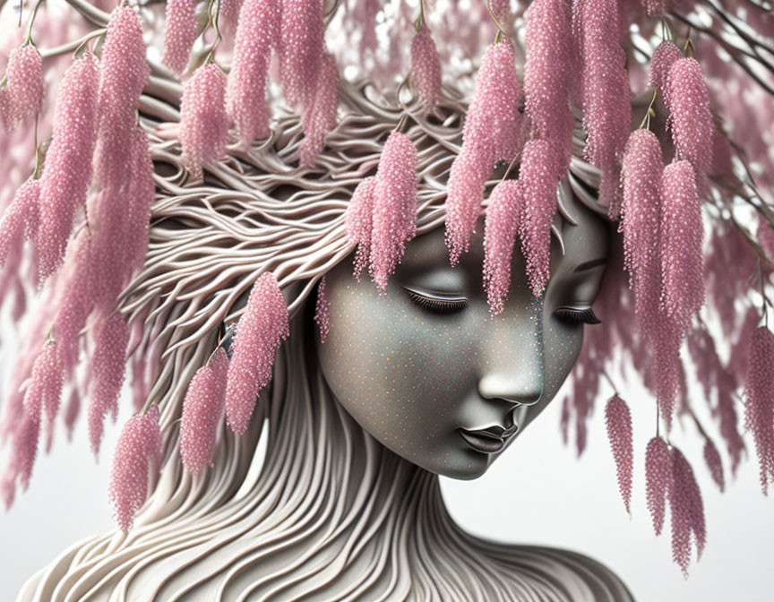 Monochromatic figure with tree-like hair and pink wisteria blossoms on pale background