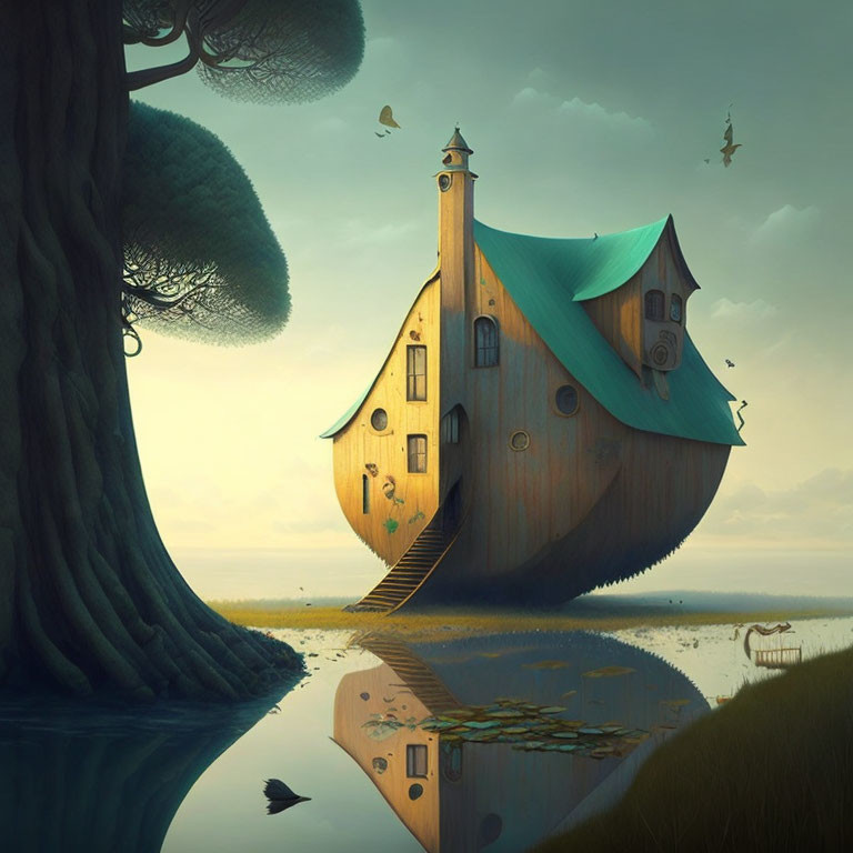 Whimsical ship-shaped house with green roof by tree, calm water, dusky sky.