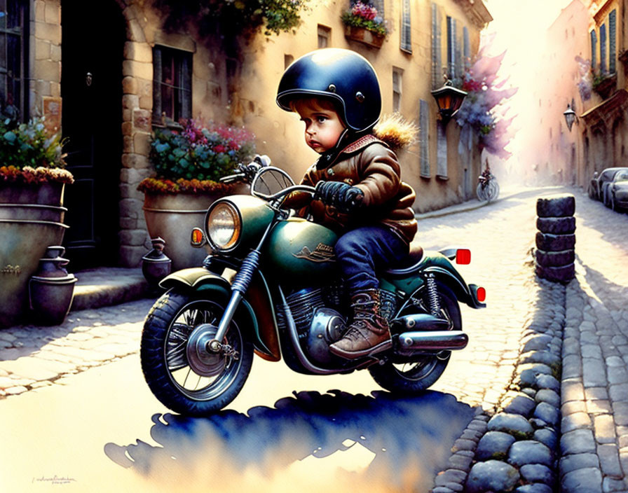 Young Child on Vintage Motorcycle in European Street Scene