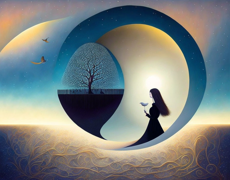 Surreal artwork: Girl in Yin Yang setting with tree, birds, night and day themes