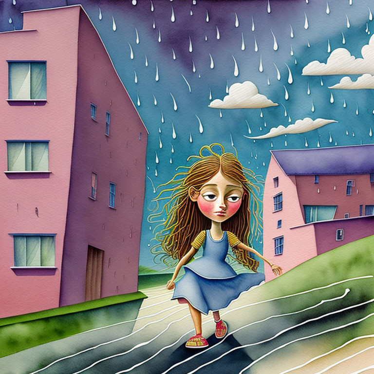 Whimsical illustration: girl with large eyes and curly hair walking under rain cloud