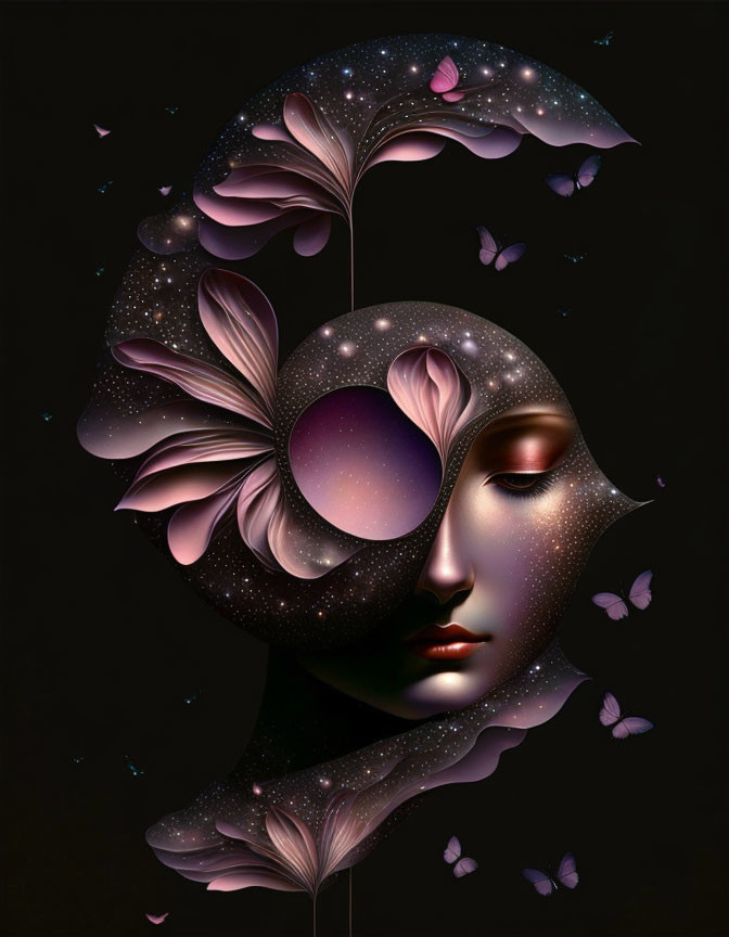 Surreal woman's face with cosmic elements and butterflies on dark background