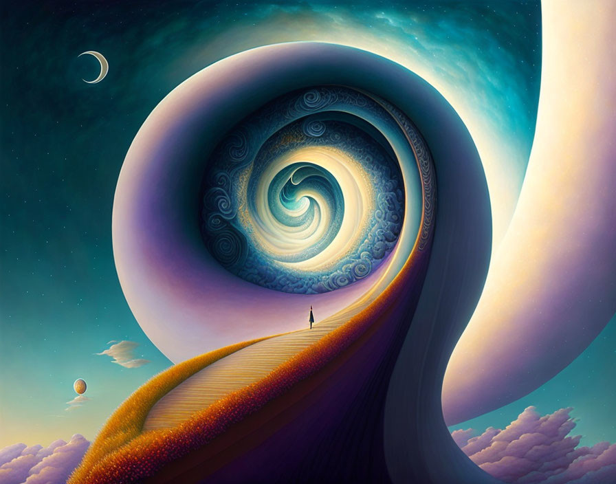 Surreal landscape with swirling sky, person on curving path, distant planets, crescent moon