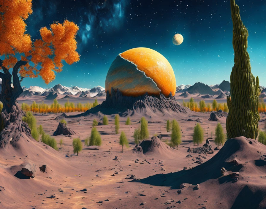 Large Moon Over Desert with Diverse Fauna and Mountains