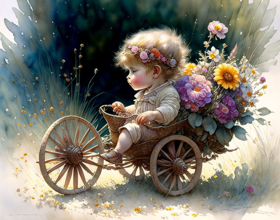 Baby with floral wreath in wooden cart surrounded by vibrant flowers