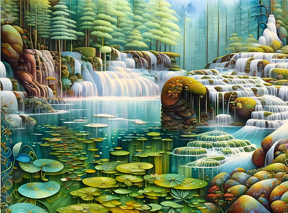 Scenic landscape with waterfalls, forests, and pond