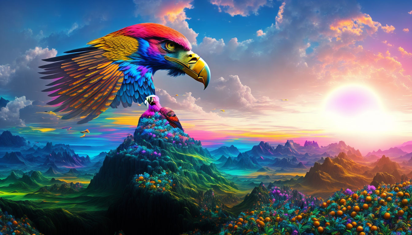 Digital image: Giant eagle soaring over colorful, fantastical landscape