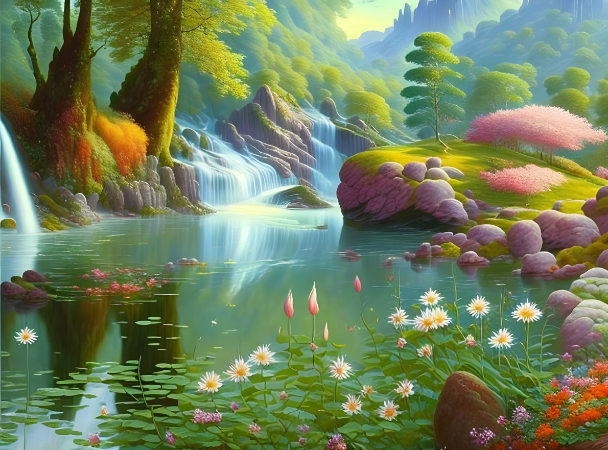 Tranquil landscape with waterfalls, lake, flowers, and lush foliage