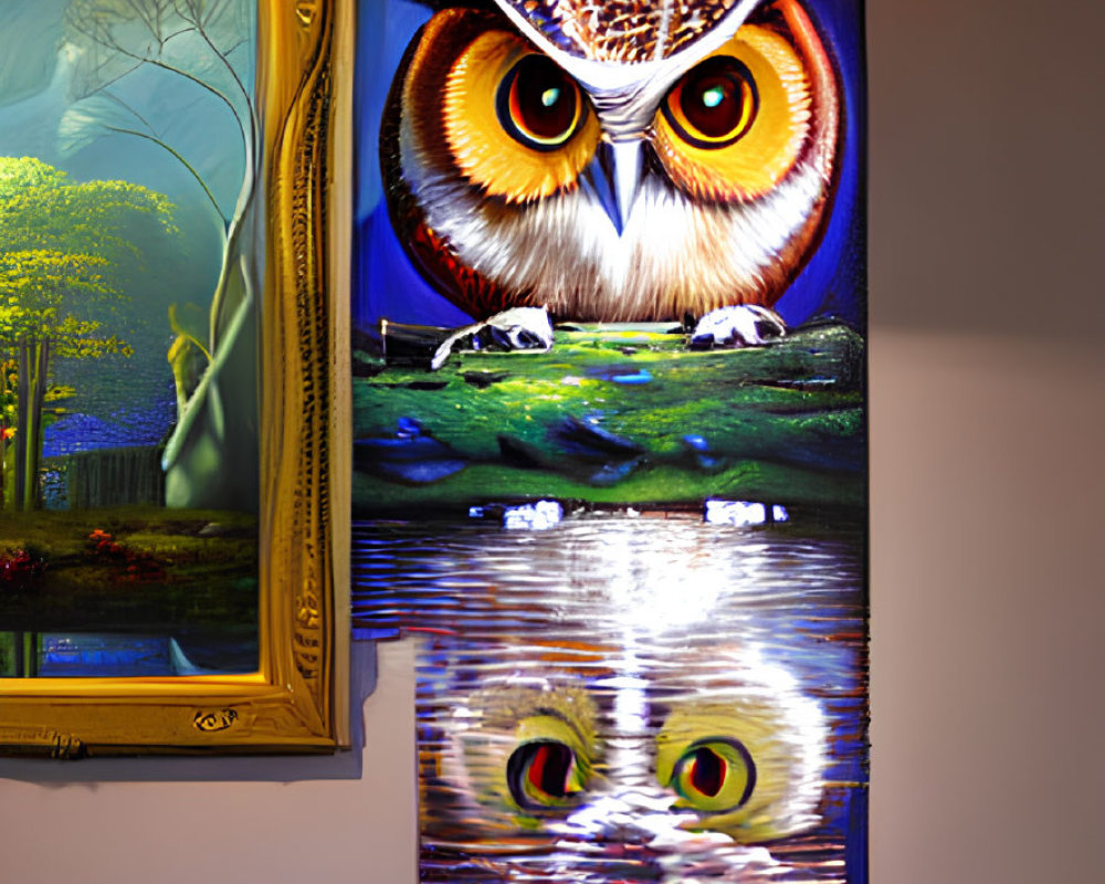 Vibrant owl with piercing eyes on canvas creates 3D effect