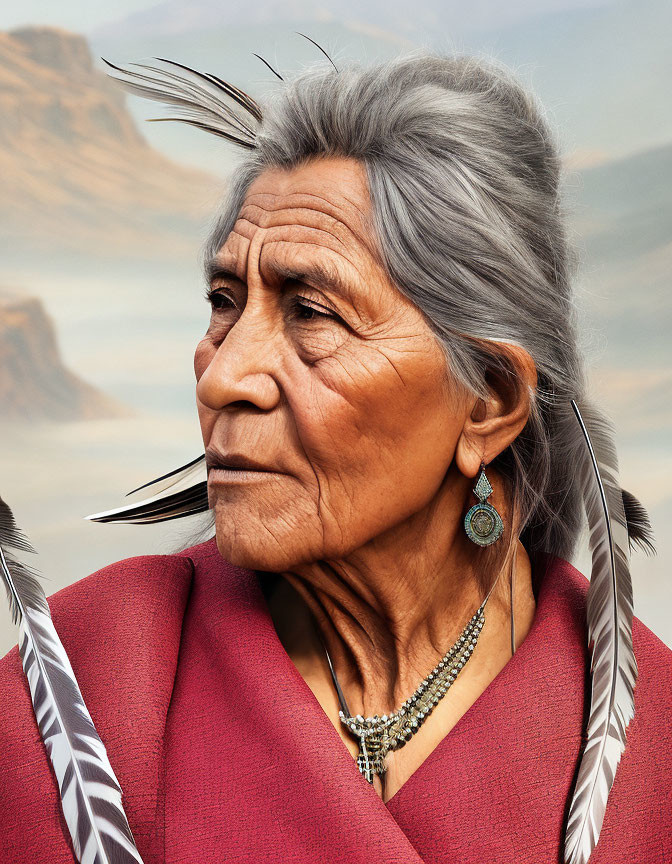 Native American Elder Woman with Gray Hair in Red Garment and Feather Ornamentation