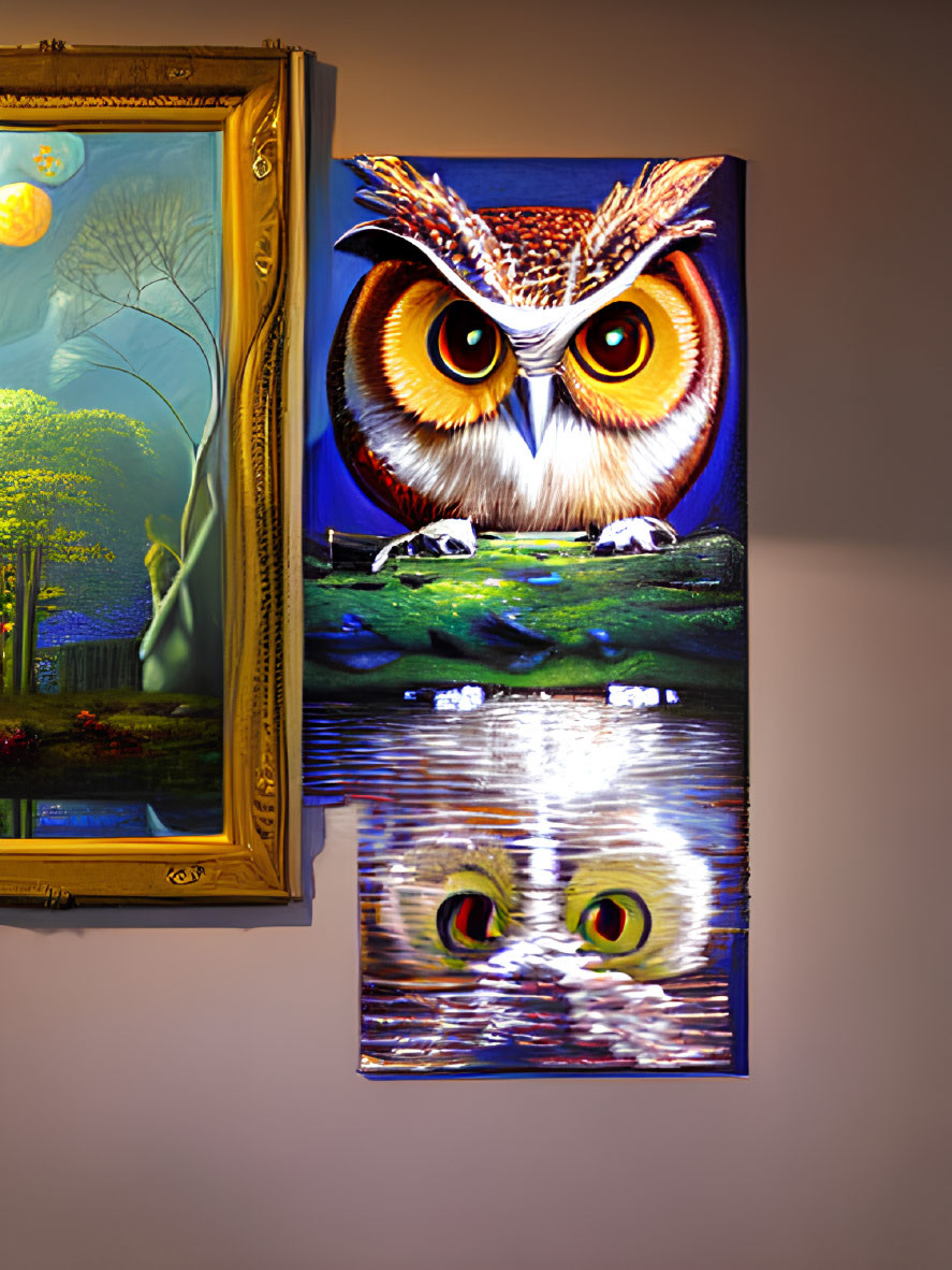 Vibrant owl with piercing eyes on canvas creates 3D effect