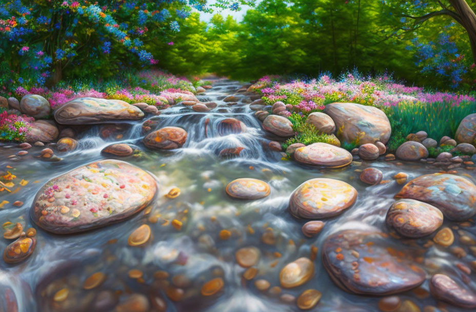 Tranquil stream with wildflowers and lush greenery