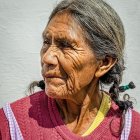 Native American Elder Woman with Gray Hair in Red Garment and Feather Ornamentation