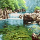 Tranquil landscape with waterfalls, lake, flowers, and lush foliage