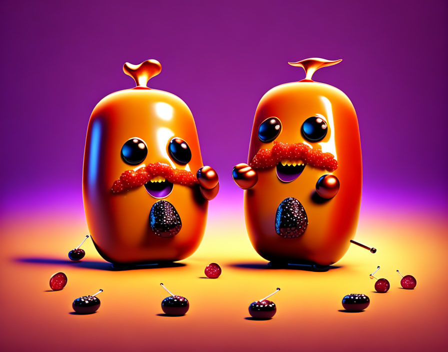 Cartoon Orange Characters with Mustaches on Purple Background