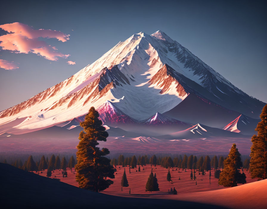 Snow-capped mountain overlooking serene forest at sunset.