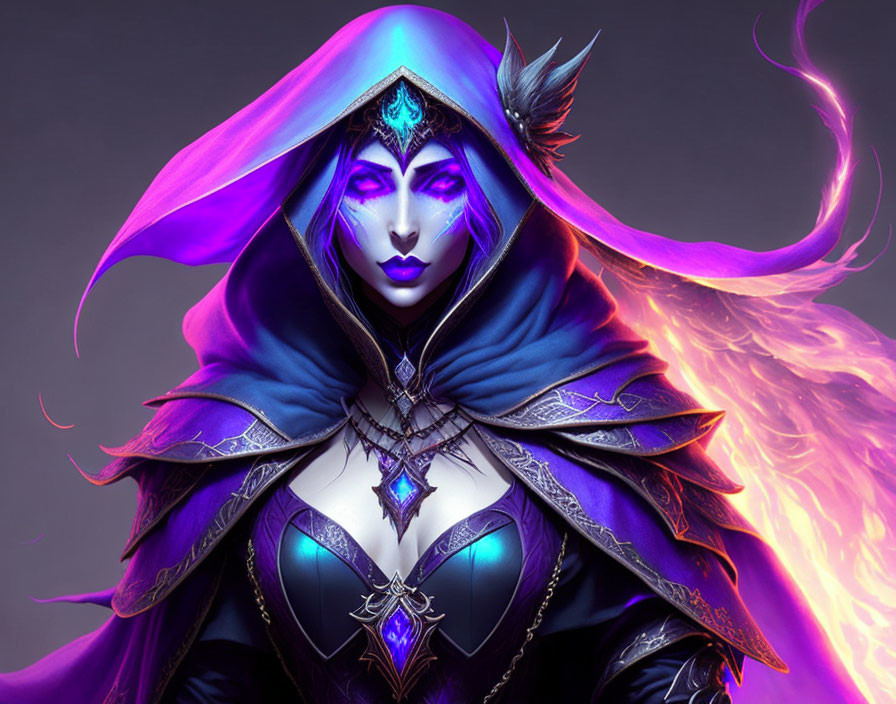 Fantasy female character with glowing purple cloak and fiery magical hair