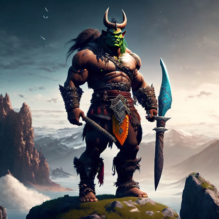 Green-skinned orc warrior in armor wields axe on grassy hill