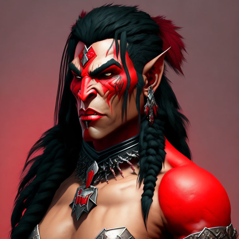 Fantasy character with red tribal face paint, pointed ears, black braided hair, silver spiked jewelry