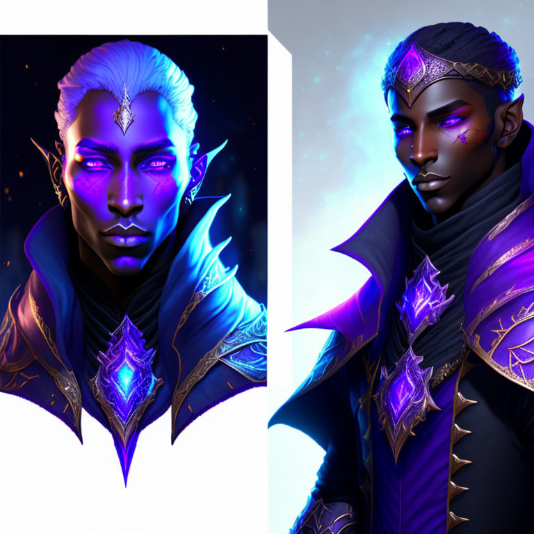 Fantasy character with glowing blue skin and pointed ears in regal dark attire