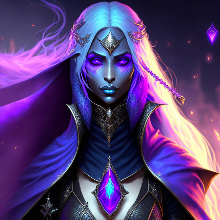 Fantasy character with blue skin, purple hair, and silver armor