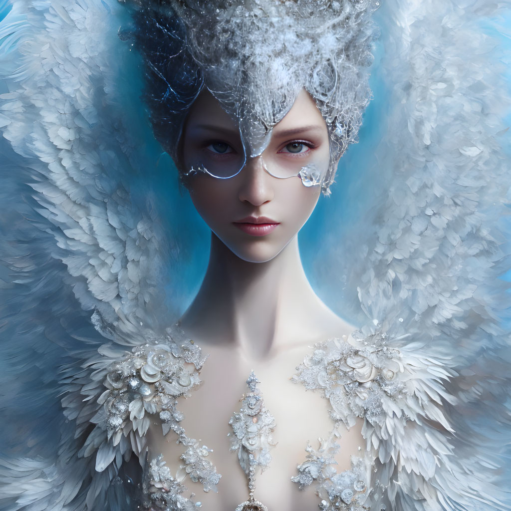 Portrait of woman with icy blue eyes, white wig, ornate glasses, and feathered attire