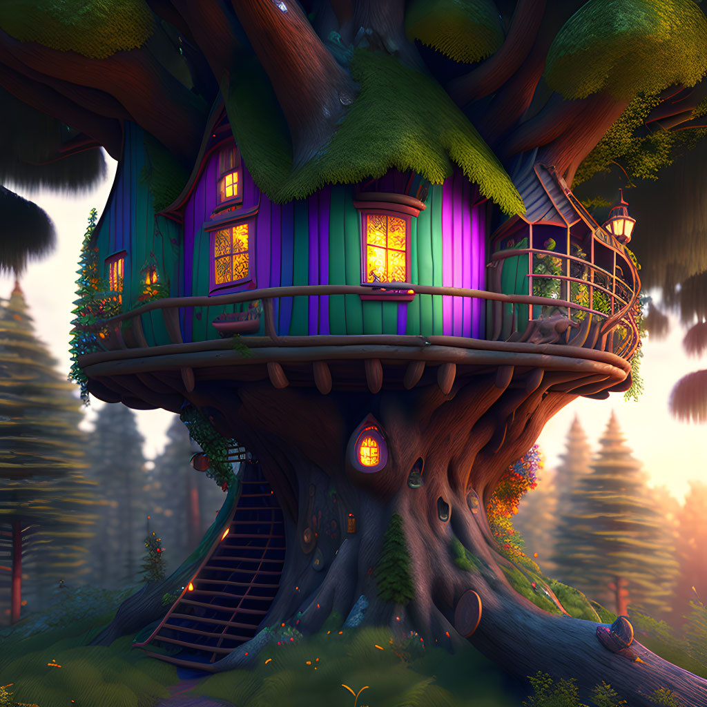 Whimsical Treehouse with Purple and Pink Walls in Forest at Dusk