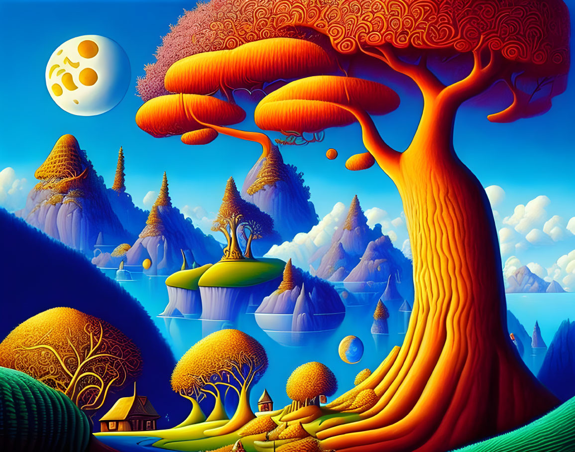 Surreal Landscape with Oversized Orange Trees and Floating Islands