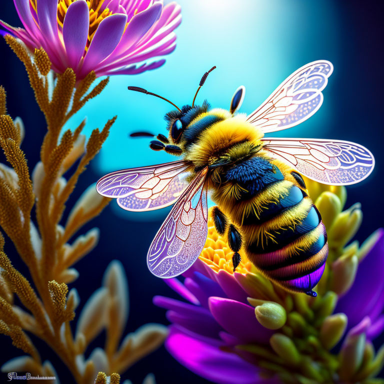 Colorful Bee with Translucent Wings and Flowers on Blue Background