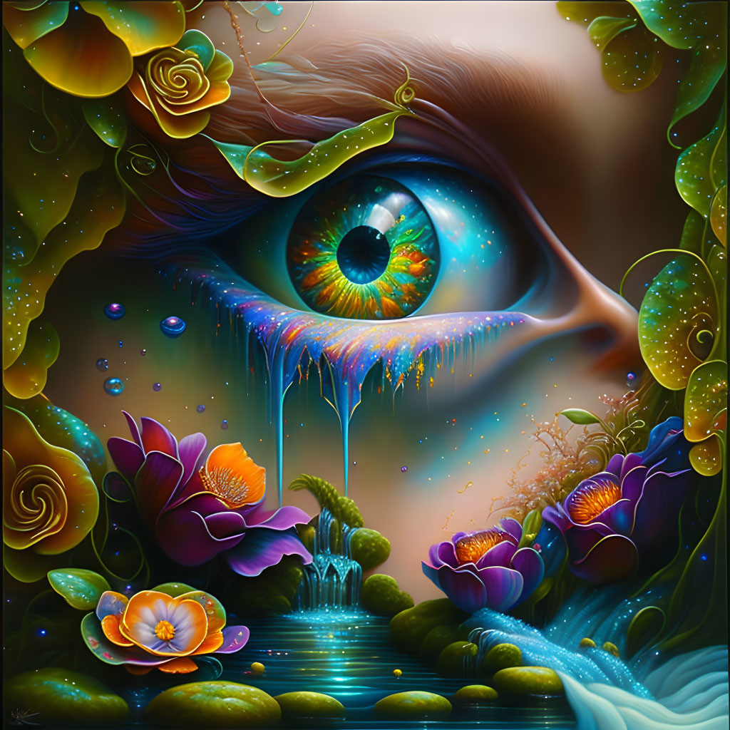 Fantastical illustration of detailed eye with lush floral elements