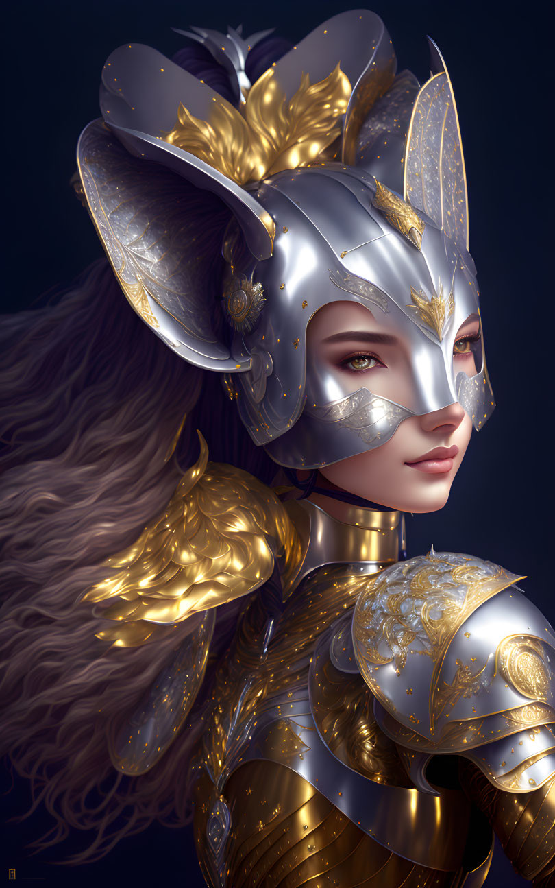 Fantasy illustration of woman in silver and gold armor with leaf-like helmet and flowing hair