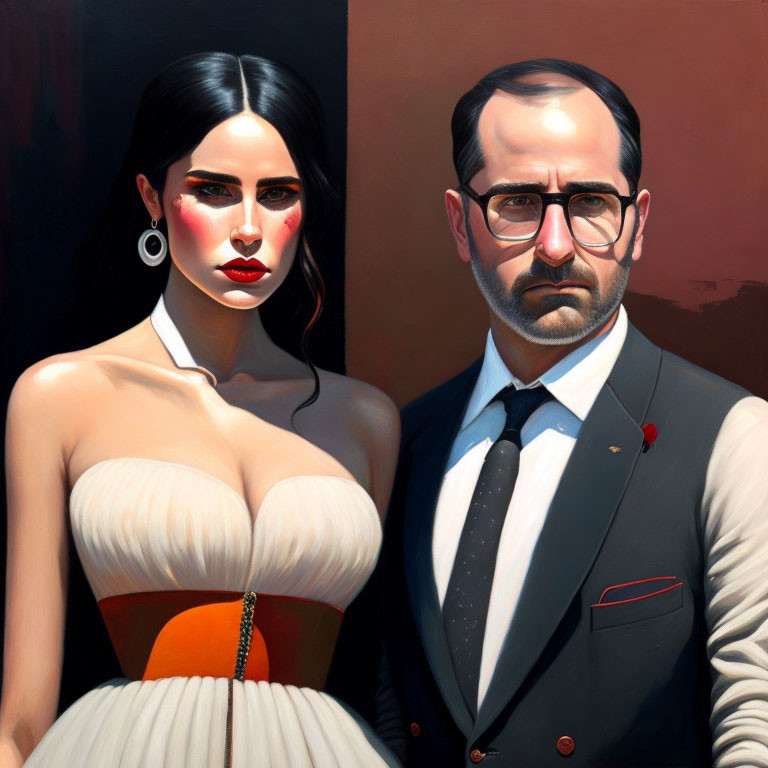 Stylized painting of woman with dark hair and man in glasses in formal attire