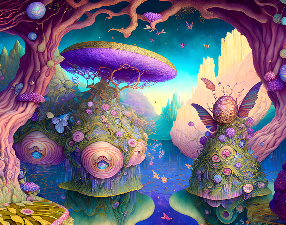 Fantasy landscape with floating islands, colorful flora, mushrooms, and butterfly in purple sky