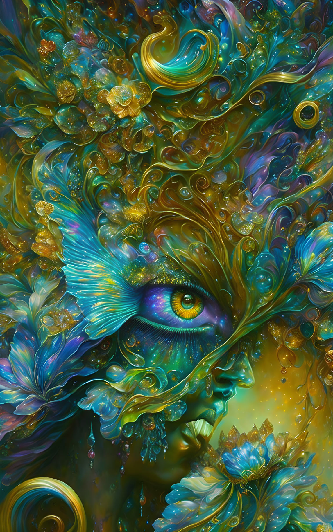 Colorful surreal digital artwork: Floral motifs and eye motif in intricate design