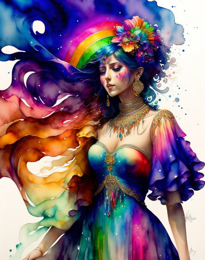 Colorful portrait of a woman with rainbow hair and elegant attire