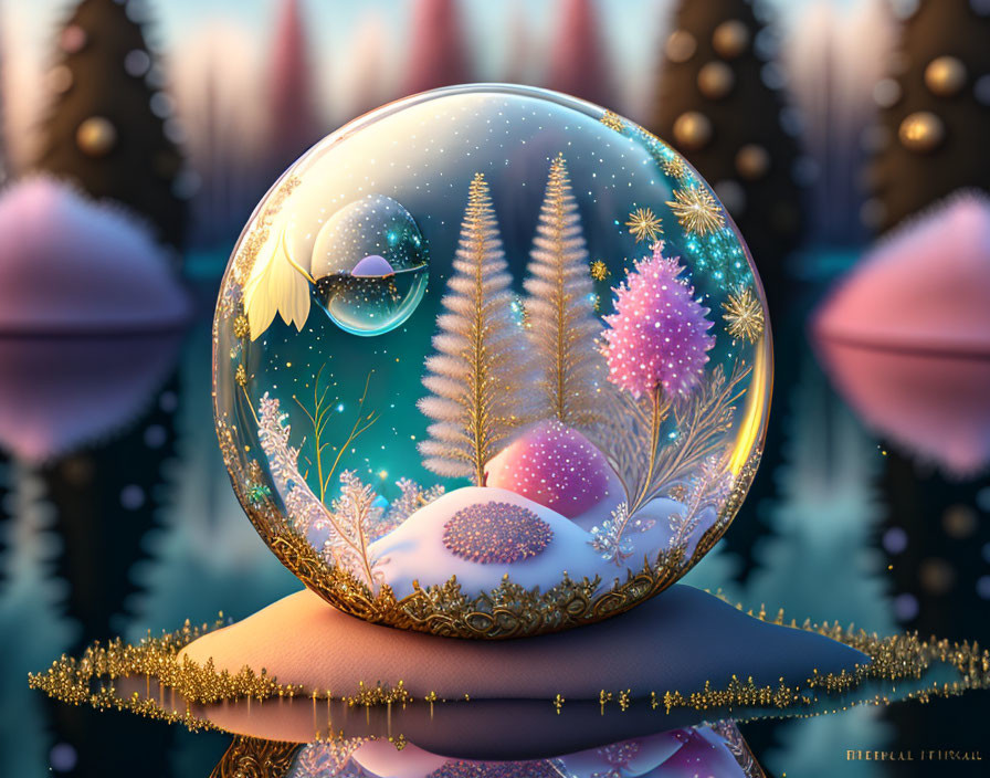 Winter snow globe digital artwork with trees, snowflakes, pink orbs, and dusk sky.