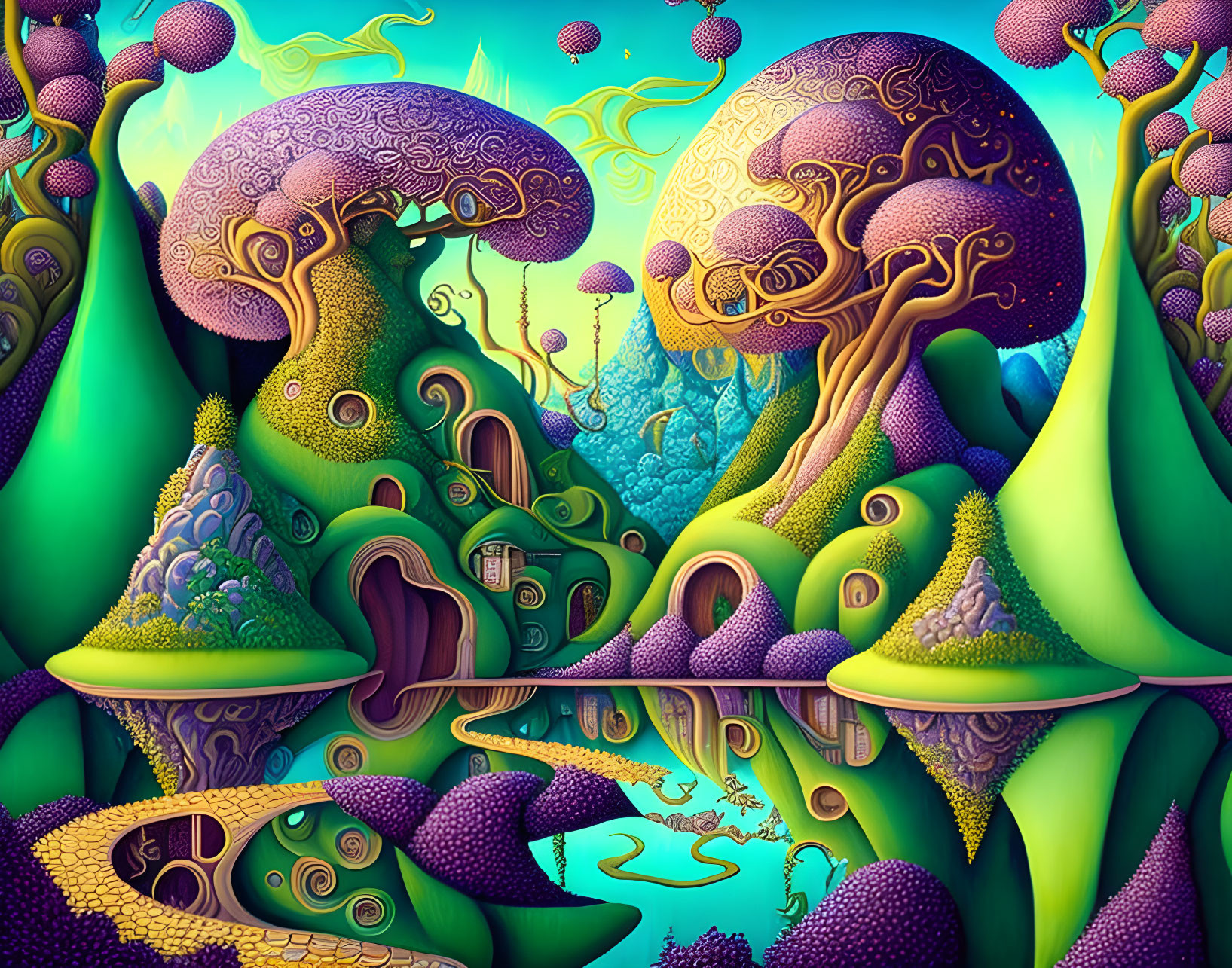 Fantastical landscape with mushroom-like structures and purple foliage