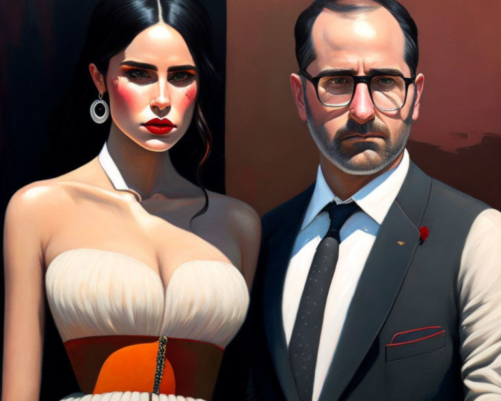 Stylized painting of woman with dark hair and man in glasses in formal attire